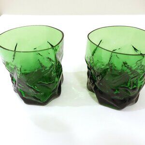 Vintage Forest Green Crinkle Lowball Drinking Glasses